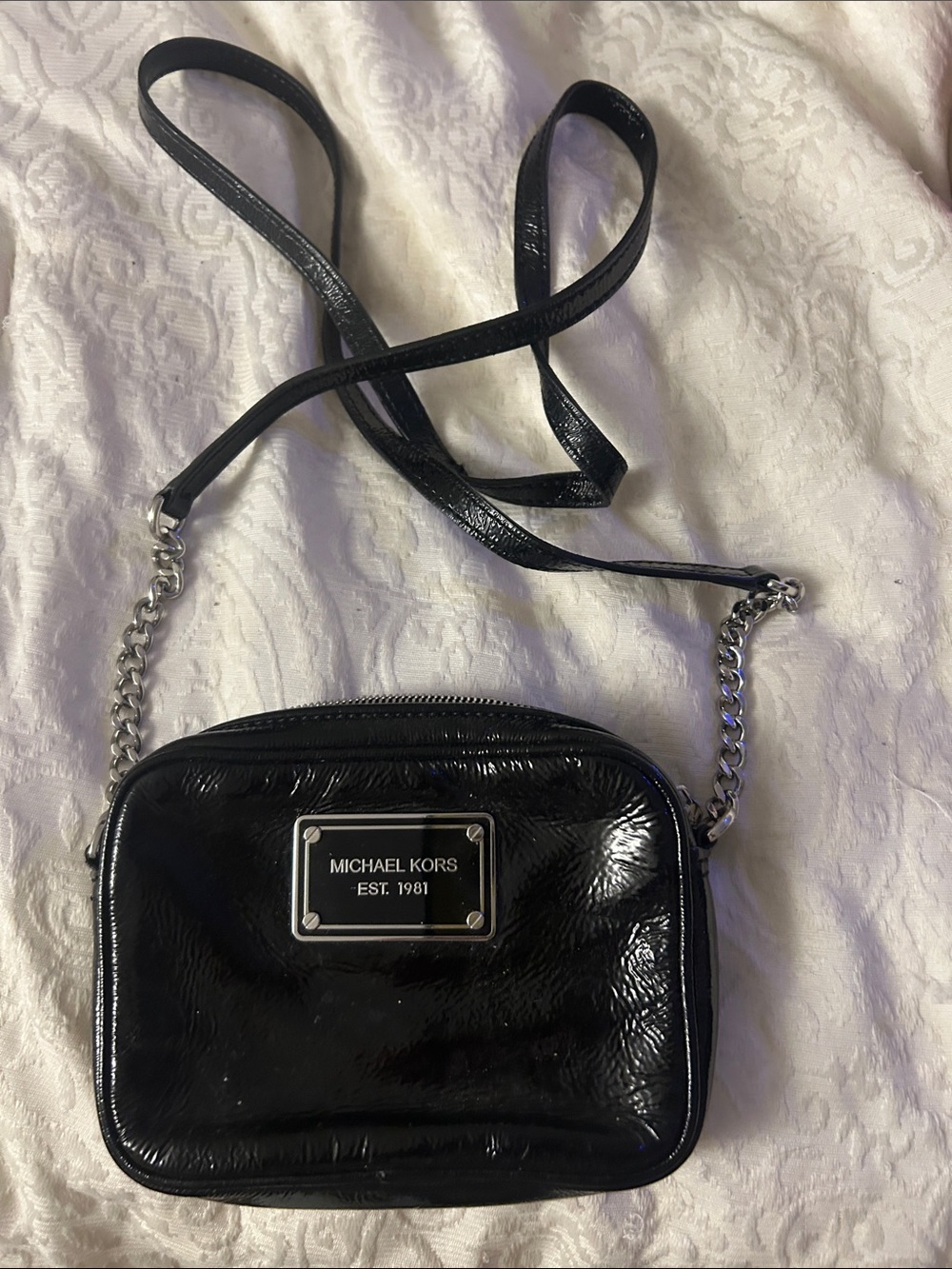 Michael Kors Black Patent Crossbody with Silver Hardware